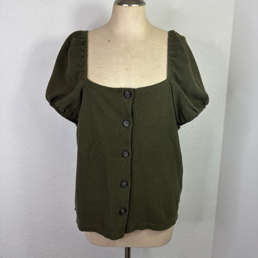 Madewell Jacquard square-neck puff sleeve top Green Size L, button front, casual - Picture 1 of 8
